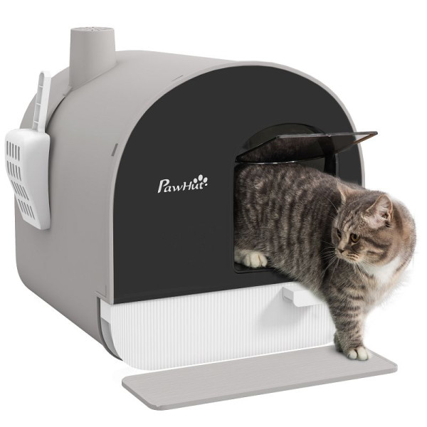 PawHut Katzentoilette mit Deckel, Streuschaufel, Schmutzfangmatte, Kunststoff, Grau/Schwarz, D31-050V00LG