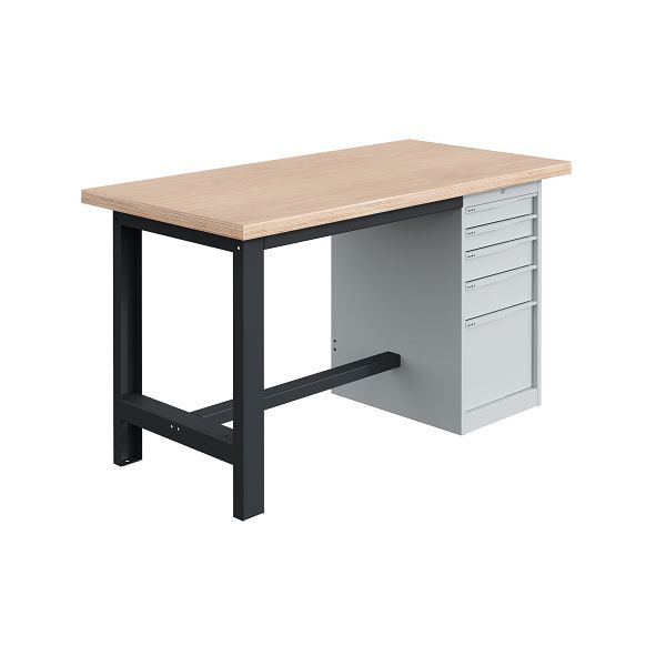 SOFAME SI Werkbank, 1200x750x840mm, Multiplex-Platte 40 mm mit Unterbau-Container 1 Schublade 75 + 4 Schubladen 150mm, Anthrazitgrau RAL 7016, W010010719GA
