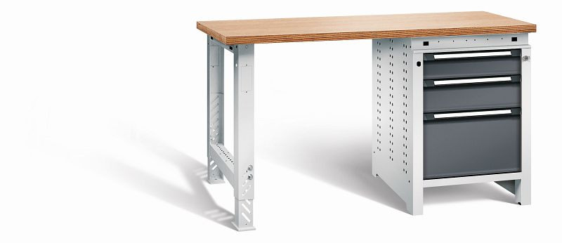 Otto Kind Werkbank function Typ 205, überstehende Multiplex-Arbeitsplatte, 1 Fußgestell, 1 Unterbau, Gehäuse RAL 7035, Front RAL 7016, 072192049