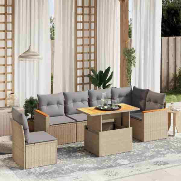 vidaXL 7-tlg. Garten-Sofagarnitur mit Kissen Beige Poly Rattan, UV-beständig, 3273103