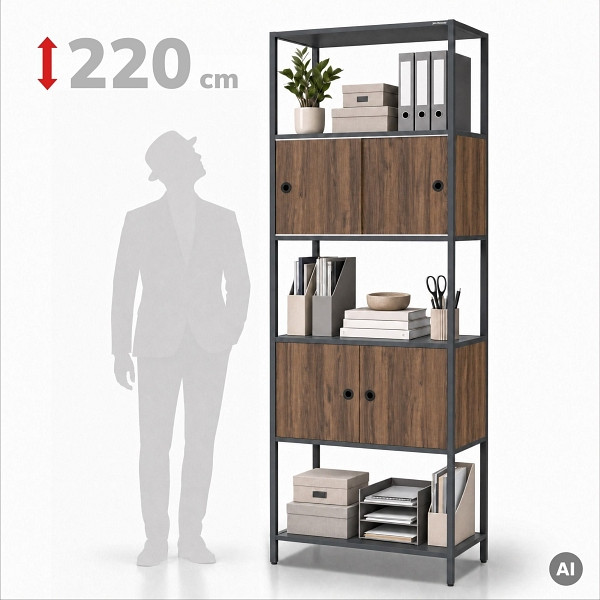 Jan Nowak Ordnerregal mit abschließbarem Schrank, für das Büro, offene Fächer, Metall anthrazit/Nussbaum, 800x2200x400 mm, ARIEL, 2452