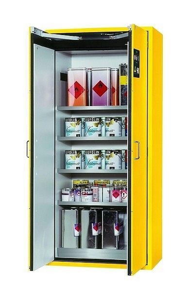 asecos Sicherheitsschrank S-CLASSIC-90, S90.196.090.WDAS in sicherheitsgelb RAL 1004 mit 4x Fachboden (Edelstahl), 30205-002-30213