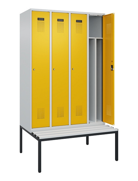 C+P Spind Evolo PLUS, 4 Abteile, 2120x1200x815mm, 7035/1004, Haken 4, Zylinderschloss, Sitzfläche Kunststoff, Sitzbank, 0490507-40F S10081