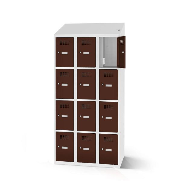 Rotstahl Fächerschrank, 12 Fächer, Stollenfüße, mit Ladefunktion, Schrägdach, Korpus: lichtgrau, Türen: mahagoni, 2180-030400-1202112-7035-8016
