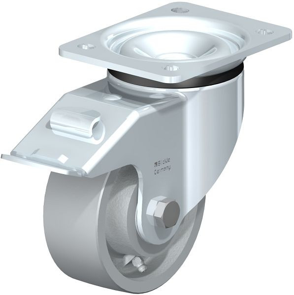 Blickle LK-G 127K-FI Stahlblech-Lenkrolle, schwere Ausführung, mit Anschraubplatte & Feststeller, Guss, Grau, 650119