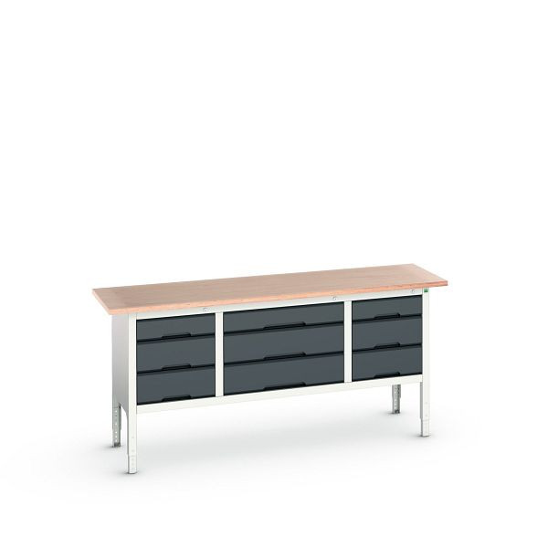 bott verso Kastenwerkbank (Multiplex-Platte) mit 9 Schubladen, BxTxH: 2000 x 600 x 830 - 930 mm, Lichtgrau / Anthrazitgrau, 16923033.19
