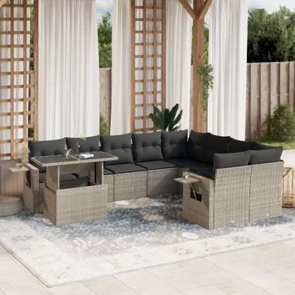vidaXL 10-tlg. Garten-Sofagarnitur mit Kissen Hellgrau Poly Rattan, 3268142
