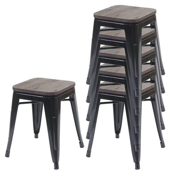 Mendler 6er-Set Hocker HWC-A73 inkl. Holz-Sitzfläche, Metallhocker Sitzhocker, Metall Industriedesign stapelbar, schwarz, 70397+70771