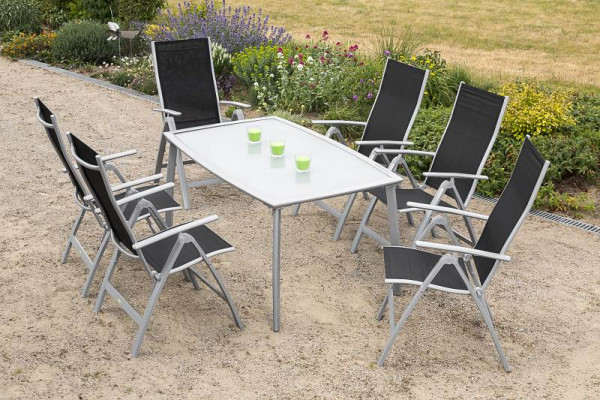 Merxx Carrara Set 7-teilig, 6 Klappsessel, Rückenlehne 5-fach verstellbar, 1 Tisch 150 x 90 cm, matte Glasplatte, silber/schwarz, 50320-219