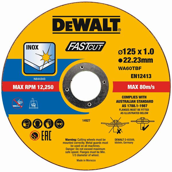 DeWalt 100er Eimer High Performance Trennscheiben 125x1x22,23 mm Inox Typ 41 (flach), DT20540-QZ