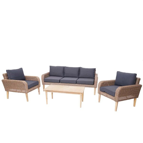 Mendler Garnitur HWC-H57, Garten-/Lounge-Set Sofa Sitzgruppe, rundes Poly-Rattan Alu + Akazie Spun Poly FSC, Kissen dunkelgrau, 73613