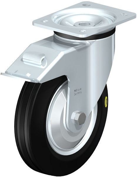 Blickle LK-RD 200K-FI-FA Stahlblech-Lenkrolle, schwere Ausführung, mit Anschraubplatte & Feststeller, Zweikomponenten-Vollgummi, Schwarz, 750471