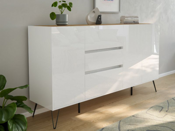 Posseik Sideboard Industrial Q 180cm 3 Schubladen 3 Türen Weiß/Eiche Top, PN2094X0000059DE