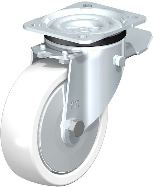 Blickle LK-SPO 125G-1-ST-FA Stahlblech-Lenkrolle, schwere Ausführung, mit Anschraubplatte & Feststeller, Polyamid, Weiß, 302638
