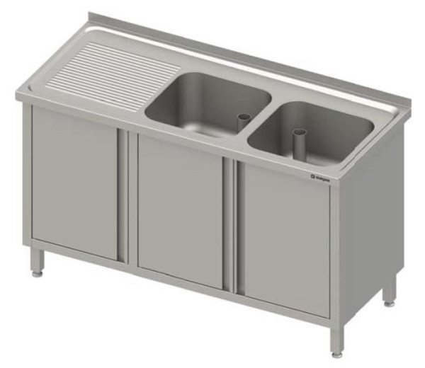 Stalgast Spülschrank mit Flügeltüren 1300x600x850 mm, mit zwei Becken rechts, mit Aufkantung, verschweißt, VSK13622RA