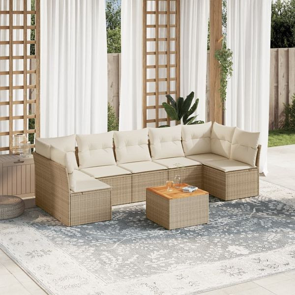 vidaXL 8-teilig Garten-Sofagarnitur mit Kissen Beige Poly Rattan, 3223573