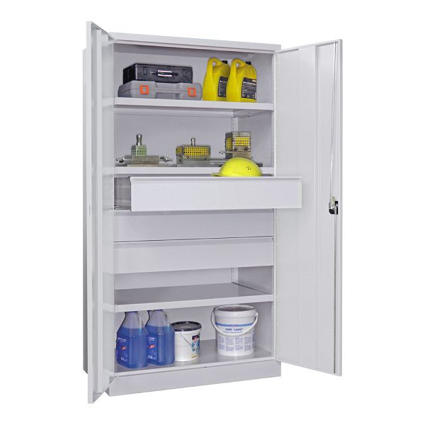 Pavoy Schwerlastschrank 1950/1040/630, 3 Fachböden, 3 Schubladen a 175 mm Höhe, Flügeltüren, Drehgriff mit Zylinderschloss, 36365-104-002-910