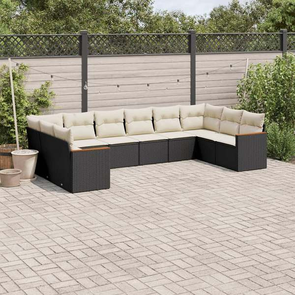 vidaXL 10-tlg. Garten-Sofagarnitur mit Kissen Schwarz Poly Rattan, UV-beständig, 3226322