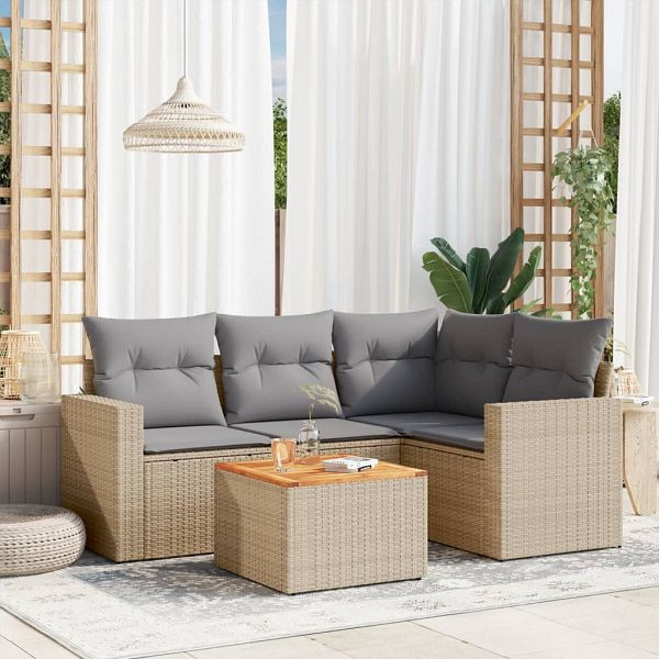 vidaXL 5-teilig Garten-Sofagarnitur mit Kissen Beige Poly Rattan, 3224106