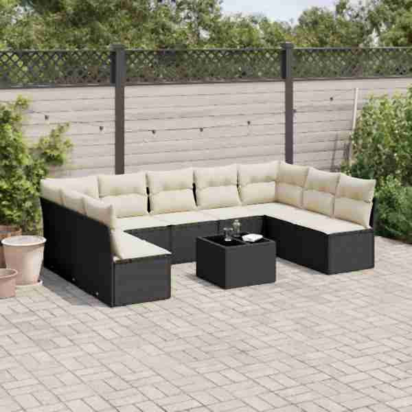 vidaXL 10-tlg. Garten-Sofagarnitur mit Kissen Schwarz Poly Rattan, UV-beständig, 3249915