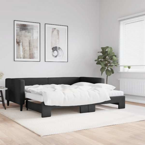 vidaXL Tagesbett Ausziehbar mit Matratzen Schwarz 90x200 cm Stoff, 3196598