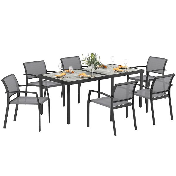 Outsunny 7-teiliges Ess-Set, 6 Stühle, 1 Tisch, stapelbar, leicht zu reinigen, Stahlrahmen, Gartenmöbel-Set, Grau, 84G-549V00GY