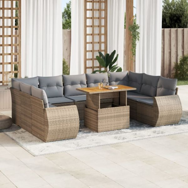 vidaXL 10-tlg. Garten-Sofagarnitur mit Kissen Beige Poly Rattan, 3327307