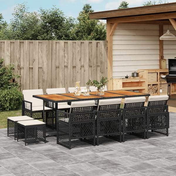 vidaXL 13-tlg. Garten-Essgruppe mit Kissen Schwarz Poly Rattan, UV-beständig, 3210807