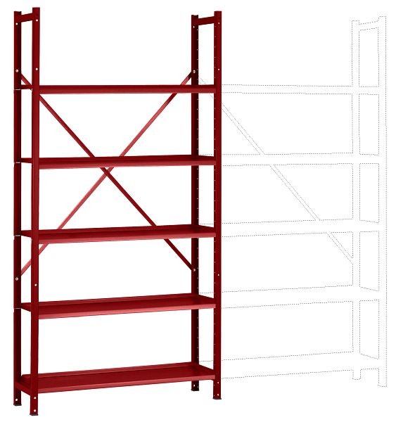 Manuflex Büro-Steck-Grundregal mit 5 pulverbeschichteten Stahlböden, HxBxT = 1900 x 960 x 300 mm, rubinrot, RA3151.3003