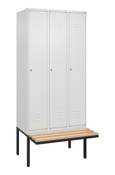C+P Umkleidespind Classic PLUS, 3 Abteile, 2120x900x815mm, 9016/9016, Zylinderschlösser, Buche-Sitzleisten, je 2 Doppel-Haken, 0800407-30F S10058