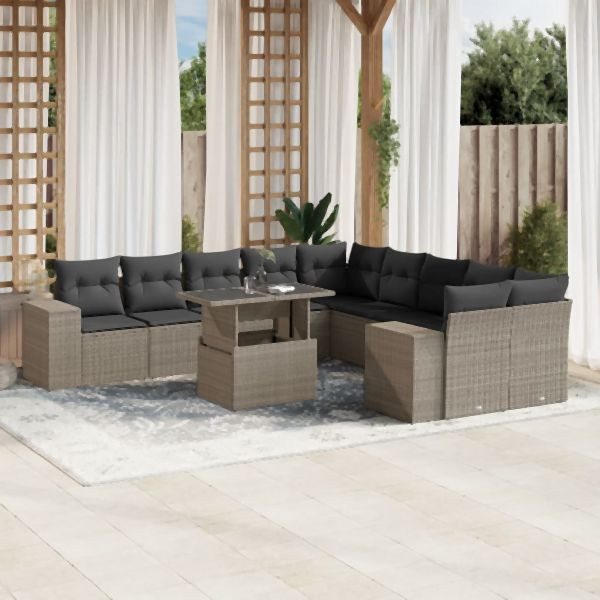 vidaXL 11-tlg. Garten-Sofagarnitur mit Kissen Hellgrau Poly Rattan, 3269432