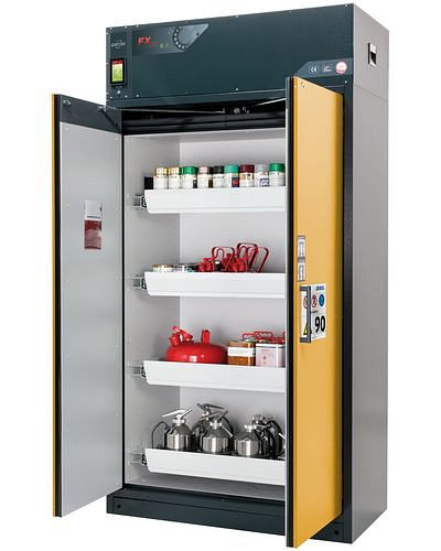 asecos Feuerbeständiger Umluft-Gefahrstoffschrank Custos, Türen gelb, mit 4 Auszugswannen, Typ E-124, 248463