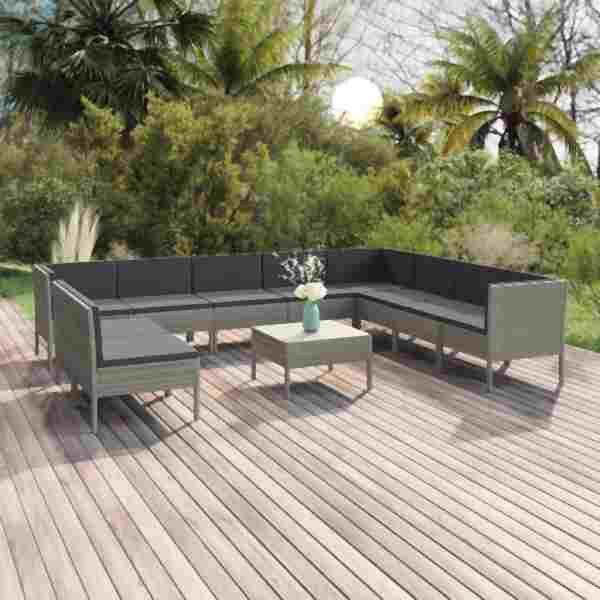 vidaXL 11-tlg. Garten-Lounge-Set mit Auflagen Poly Rattan Grau, 3094474