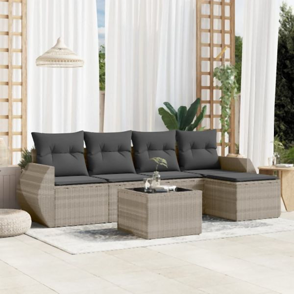 vidaXL 6-tlg. Garten-Sofagarnitur mit Kissen Hellgrau Poly Rattan, 3221301