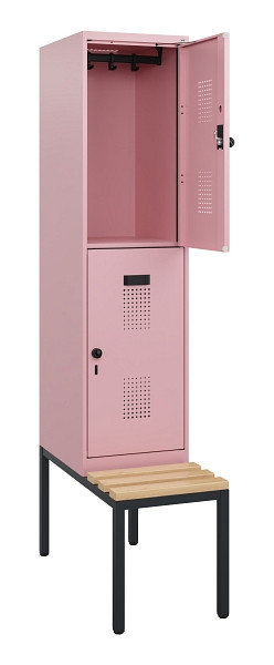 C+P Doppelstöckiger Spind Evolo PLUS, Bank, 2 Fächer, 1950x400x815mm, 3015/3015, Drehriegel, Sitzfläche Buche-Hartholz, Sitzbank, 0493505-12 S10032