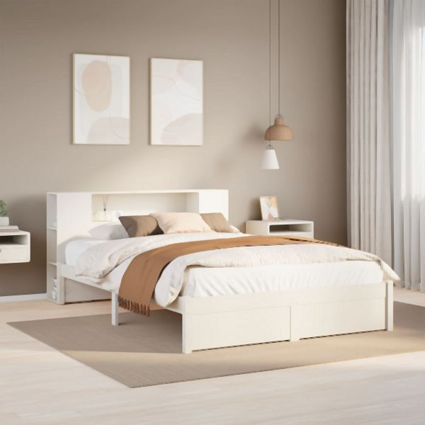 vidaXL Massivholzbett mit Regal ohne Matratze Weiß 140x200 cm Kiefer, 3322360