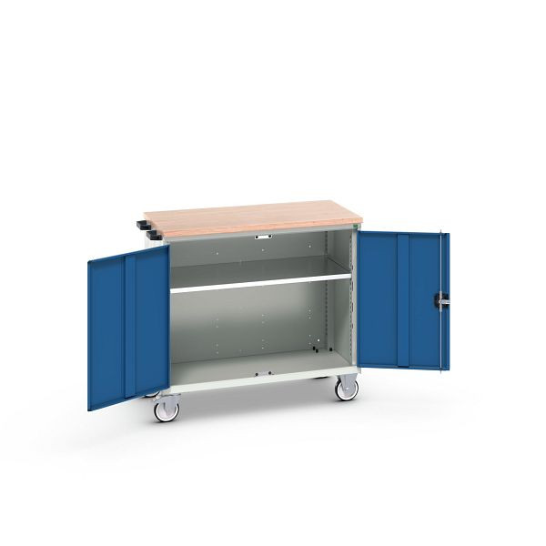 bott verso mobiler Schubladenschrank, mit 2 Türen, Fachboden und Multiplex-Top, BxTxH: 1050 x 600 x 980 mm, Lichtgrau / Enzianblau, 16927063.11