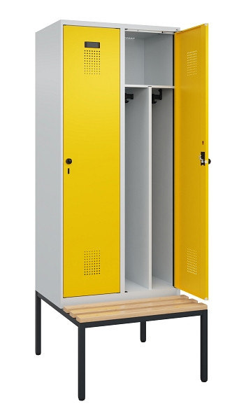 C+P Spind Evolo PLUS, 2 Abteile, 2120x800x815mm, 7035/1023, Haken 4, Drehriegel, Sitzfläche Buche-Hartholz, Sitzbank, Trennwand, 0490507-22F S10001