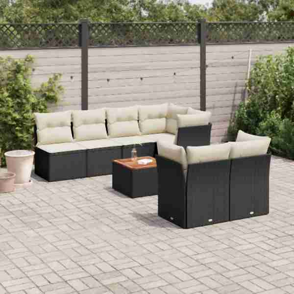 vidaXL 8-tlg. Garten-Sofagarnitur mit Kissen Schwarz Poly Rattan, UV-beständig, 3223515