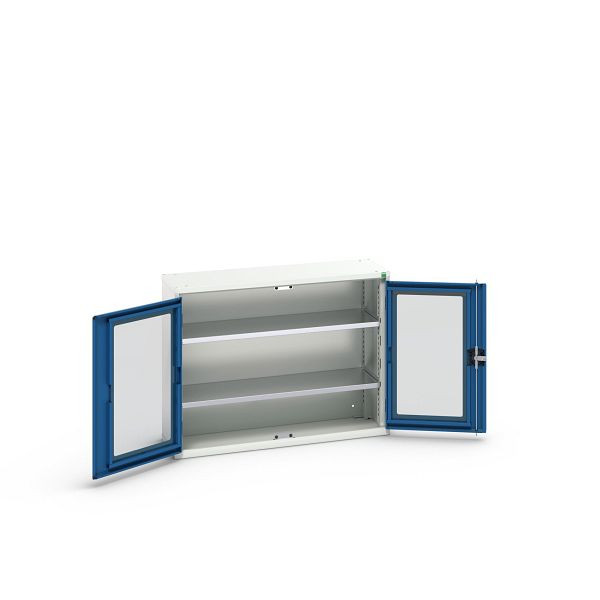 bott verso Flügeltürschrank mit Sichtfenster, mit 2 Fachböden, BxTxH: 1050 x 350 x 800 mm, Lichtgrau / Enzianblau, 16926270.11
