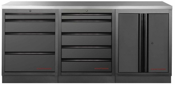 Kraftwerk MOBILIO BLACK EDITION 3er Unterschrank-Kombi, 9 Schubladen, 1 Schrank, Arbeitsplatte Edelstahl, 3964K-BLK-001-IX