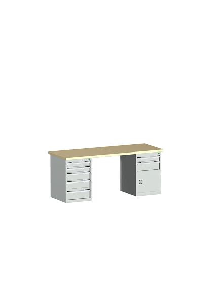 bott cubio Werkbank mit 2 Schubladenschränken 7 Schubladen, 1 Tür, Multiplex-Platte BxTxH: 2000 x 750 x 840 mm Multiplex RAL 7035, 41003241.16V