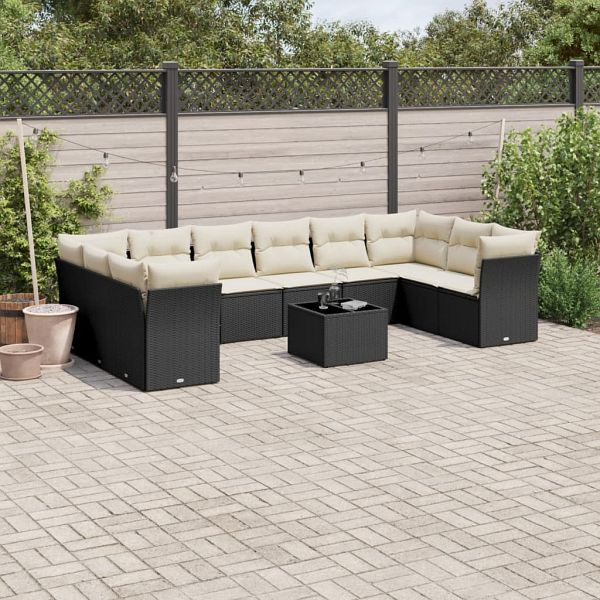 vidaXL 11-teilig Garten-Sofagarnitur mit Kissen Schwarz Poly Rattan, 3218206