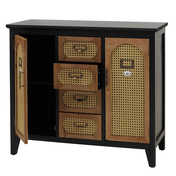 Mendler Apothekerkommode HWC-O63, Sideboard Schrank Staufächer Schubladen, Vintage Rattanoptik 80x91x40cm, Korpus schwarz, 139288