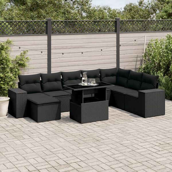vidaXL 9-teilig Garten-Sofagarnitur mit Kissen Schwarz Poly Rattan, 3269355