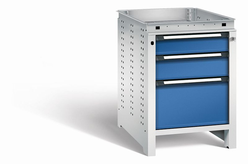 Otto Kind Werkbank Serie function Typ 106, ohne Platte, 3 Schubladen, mit Zentralverschluss, Gehäuse RAL 7035, Front RAL 5010, 072323386