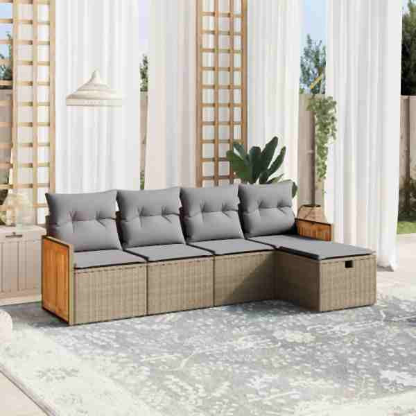 vidaXL 5-tlg. Garten-Sofagarnitur mit Kissen Beige Poly Rattan, UV-beständig, 3265721