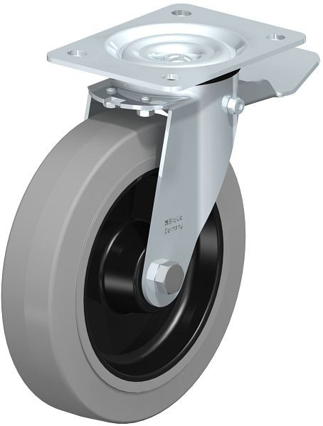 Blickle LE-POEV 200R-ST-SG Stahlblech-Lenkrolle mit Anschraubplatte & Feststeller, Elastik-Vollgummi, Grau, 696633