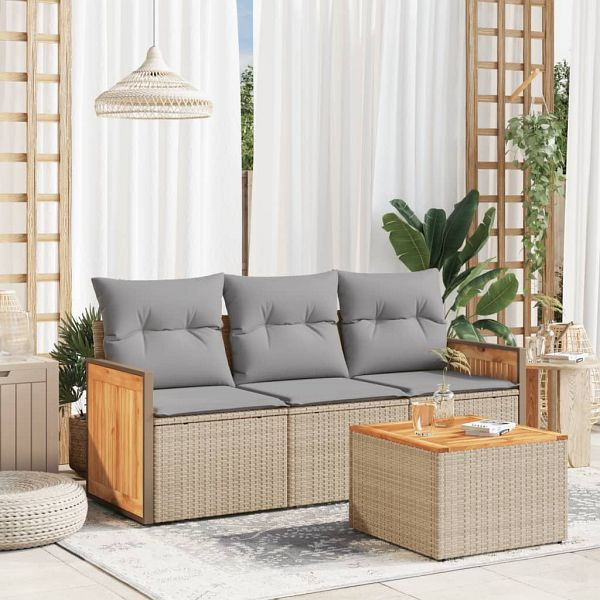 vidaXL 4-tlg. Garten-Sofagarnitur mit Kissen Beige Poly Rattan, 3227445
