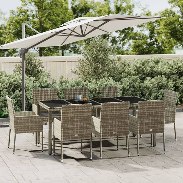 vidaXL 9-teilig Garten-Essgruppe mit Kissen Grau Poly Rattan, 3185010